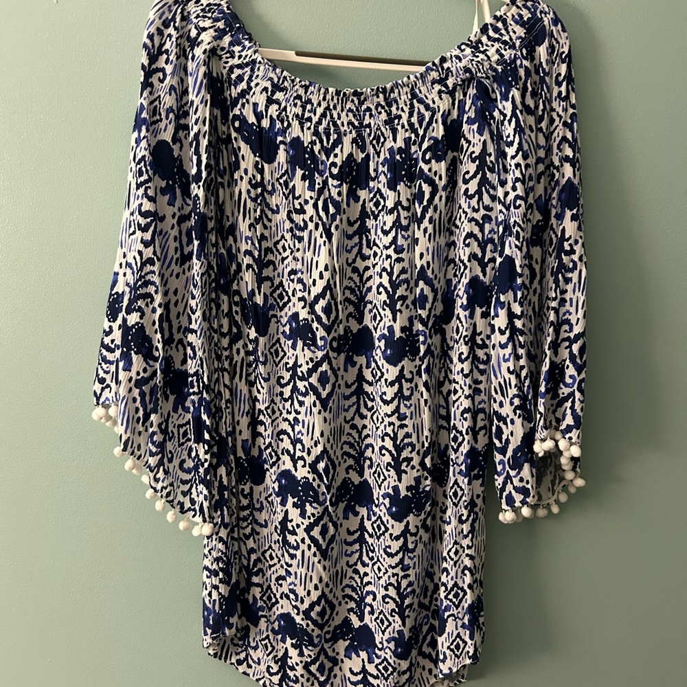 Lilly Pulitzer Blue and White Embellished elephant 3/4 Sleeve dress with pompoms